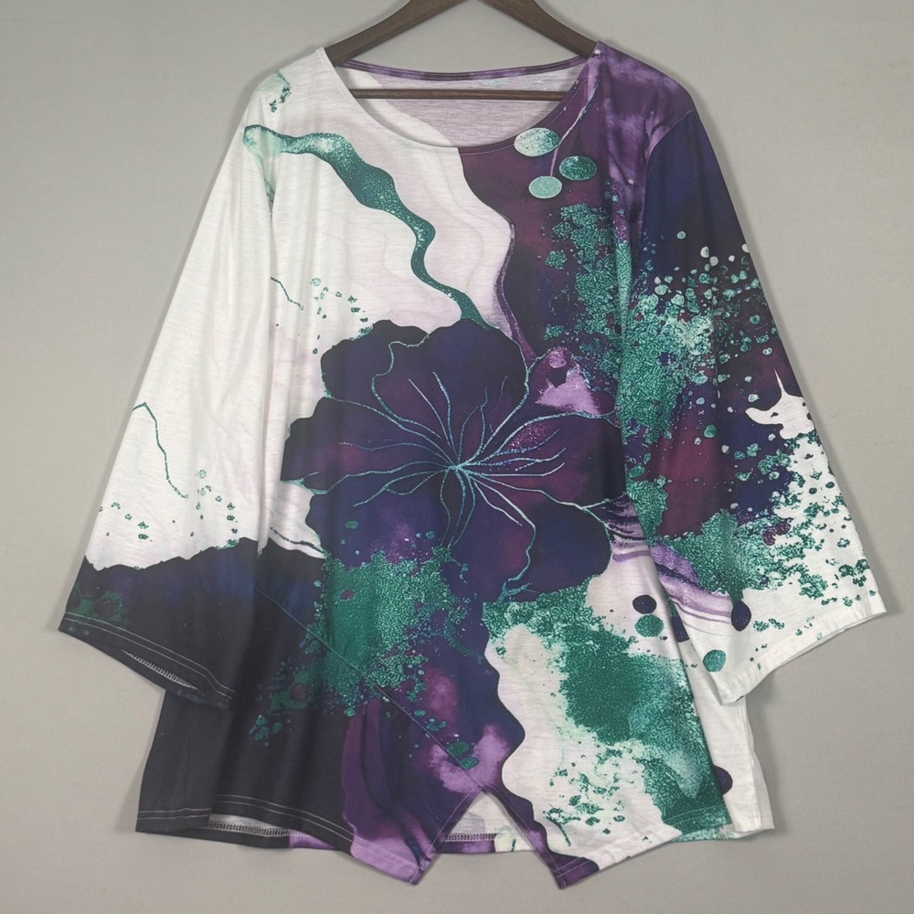 Unbranded Abstract Floral Top Women 5XL Purple Teal NWOT Sharkbite Hem